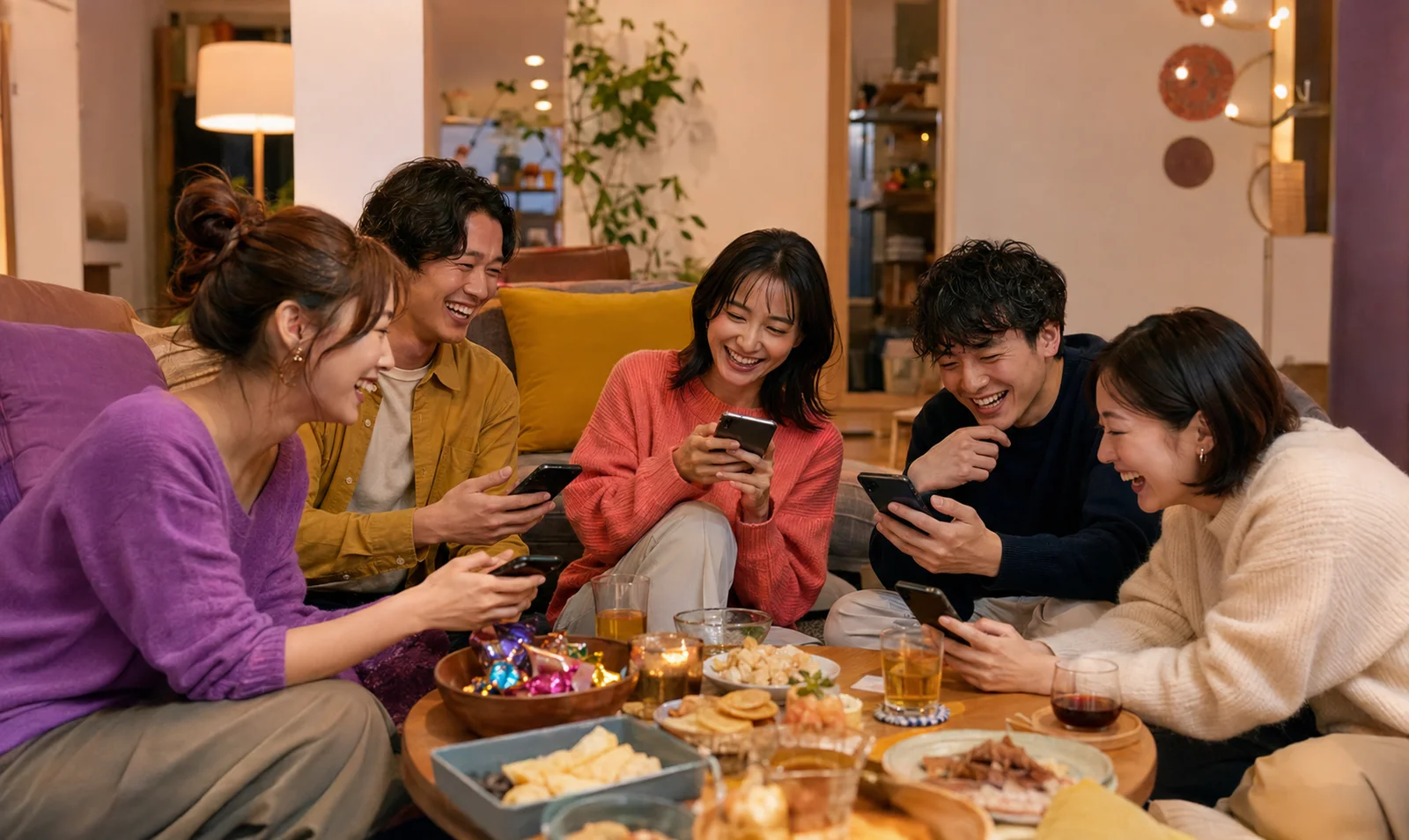 リビングでスマートフォンを手に笑い合う5人の友人
