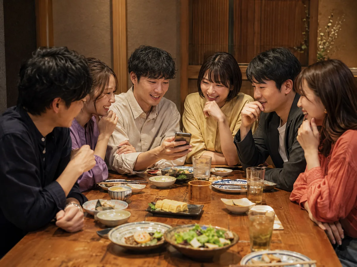 食事会でスマートフォンのゲームをきっかけに会話を楽しむ男女6人