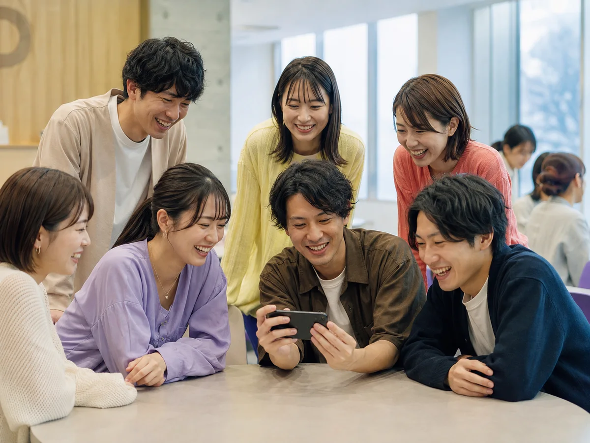 初対面の交流イベントでスマートフォンの言葉ゲームを囲む参加者たち